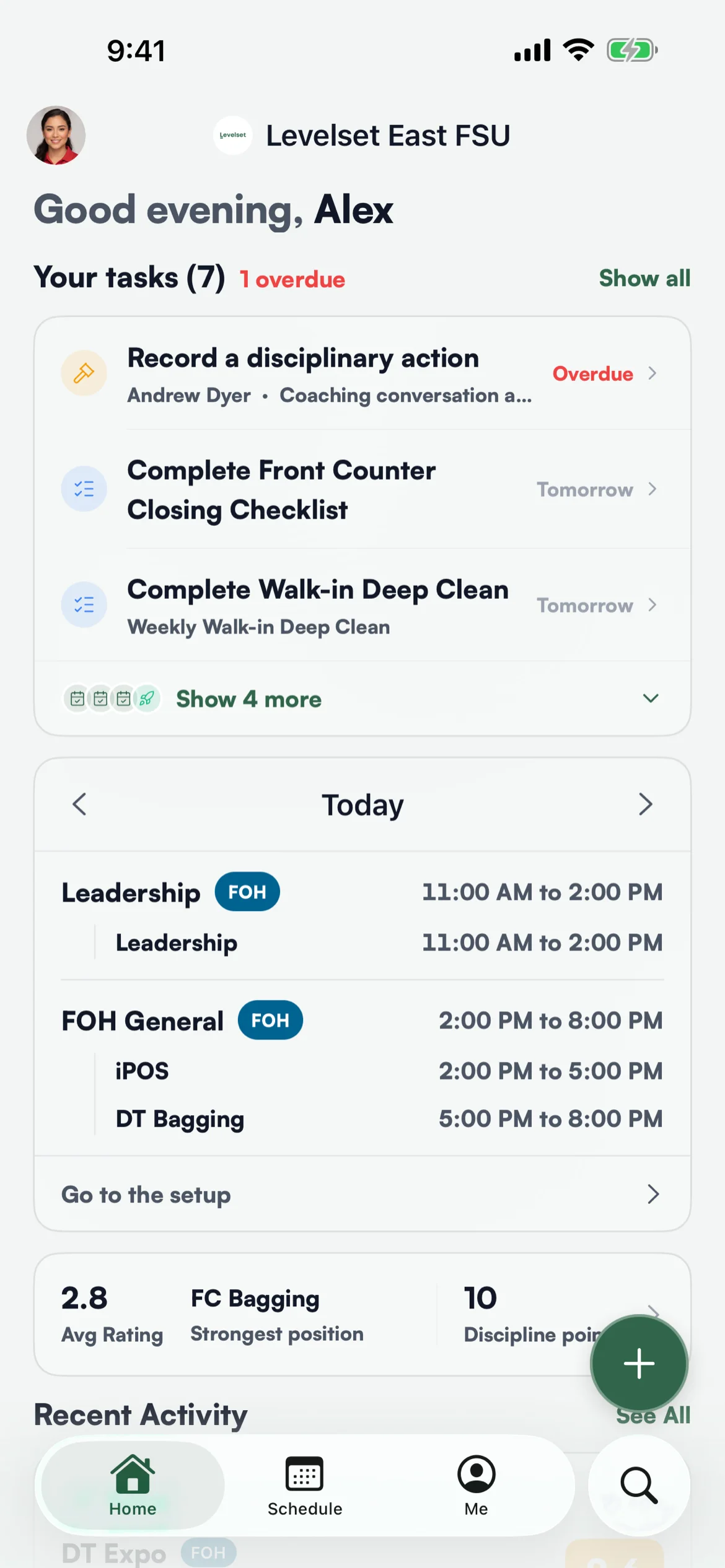 The Levelset app Home screen: your tasks, today's shift and setup position, your ratings and recent activity