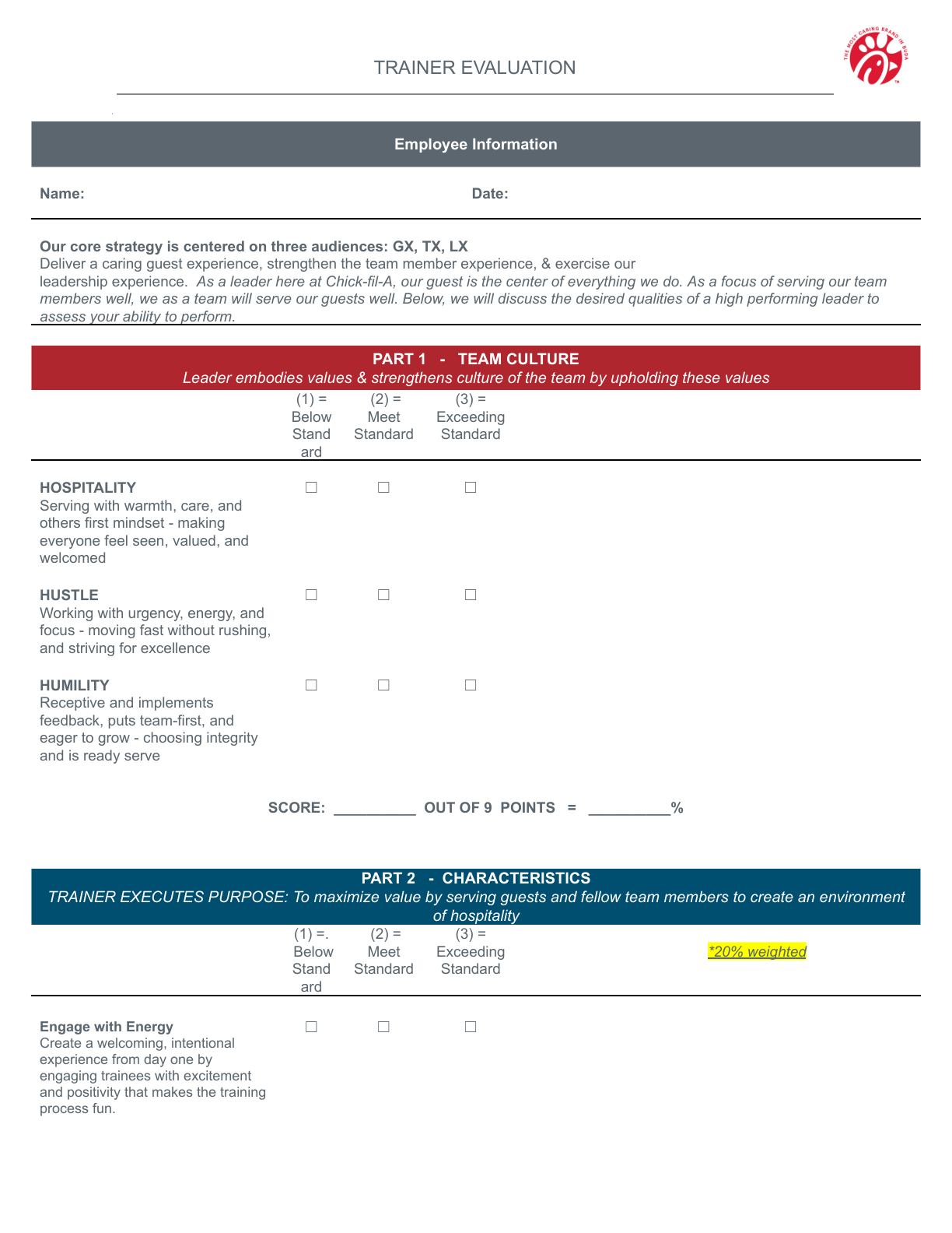 A paper Certified Trainer Evaluation form with manual scoring fields