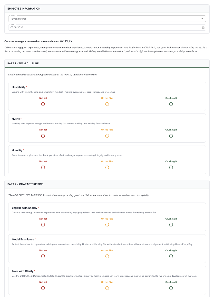 The same evaluation digitized in Levelset with interactive scoring sliders